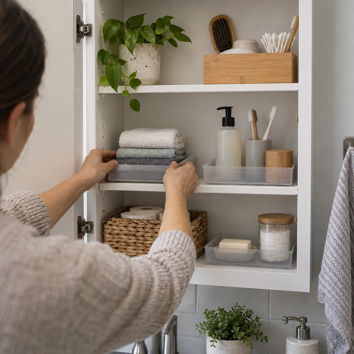Hands placing folded washcloths and everyday bathroom supplies on a small cabinet shelf