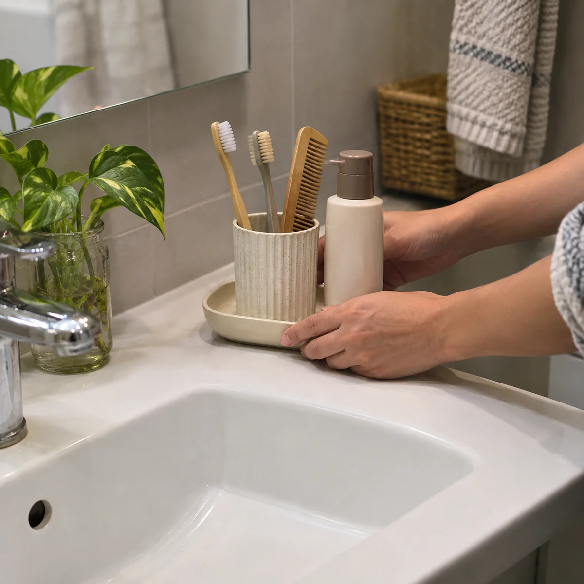 Hand placing a toothbrush cup and one daily bottle on an existing shallow bathroom tray