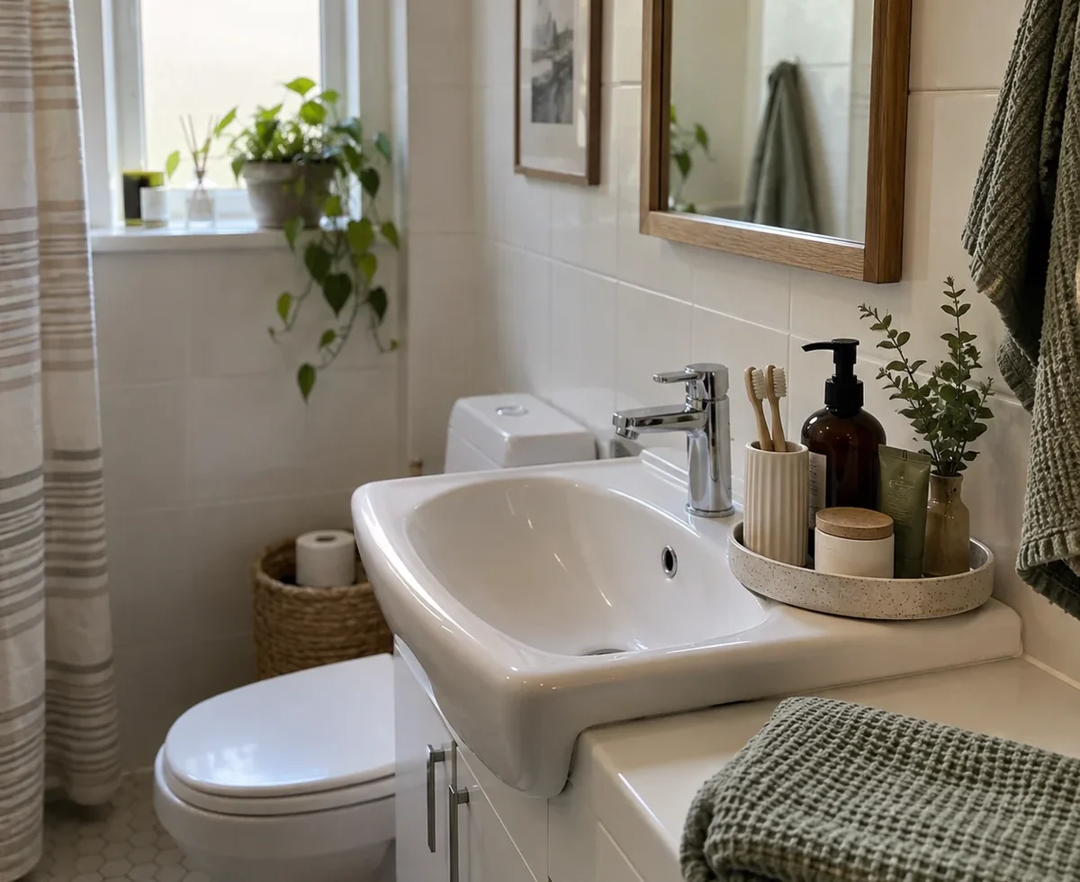 Compact bathroom with clear sink and grouped daily items