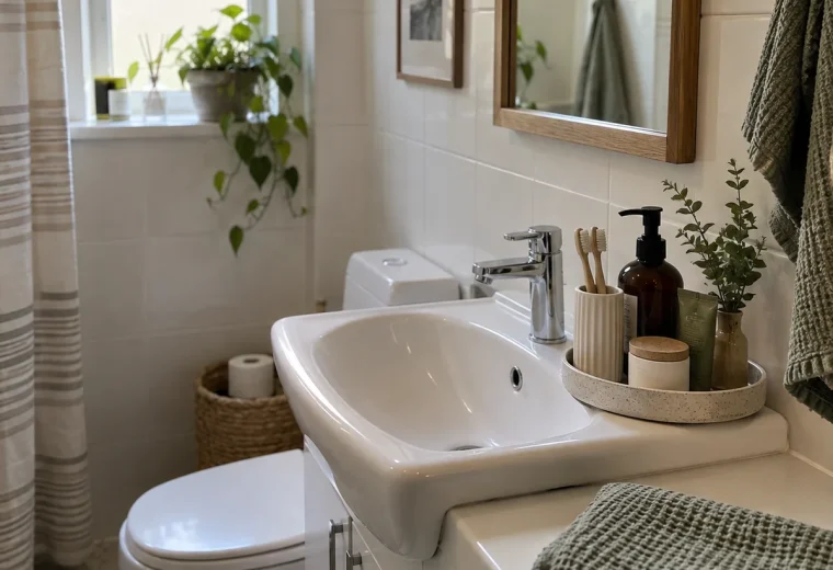 Compact bathroom with clear sink and grouped daily items