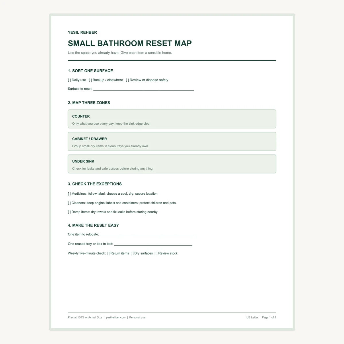 Preview of the actual one-page small bathroom reset map printable