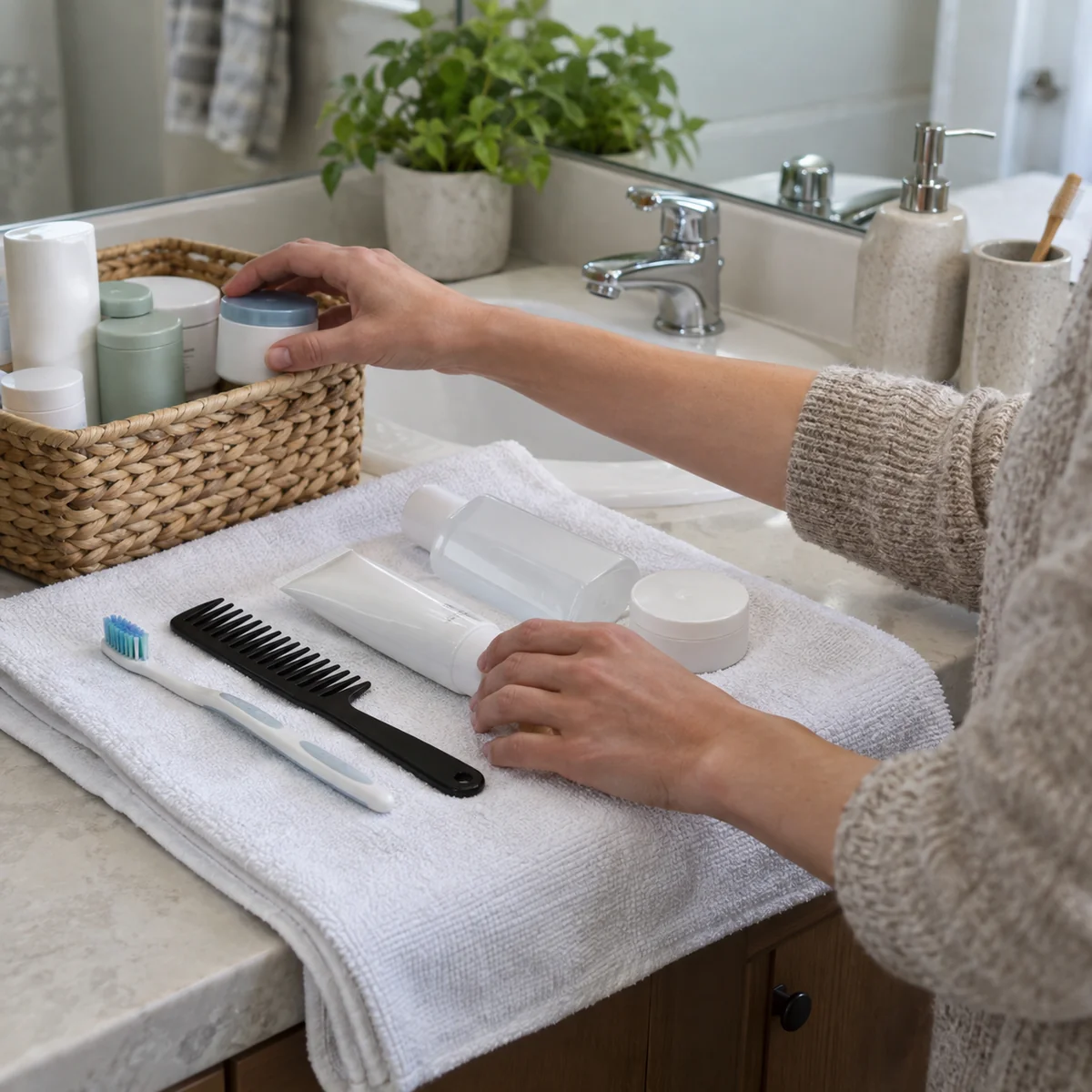 Hands sorting everyday bathroom items on a clean towel beside a compact sink