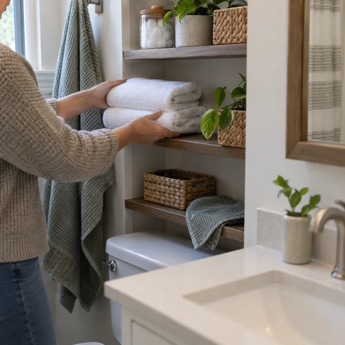 Hands returning clean folded towels to a small bathroom shelf during a weekly reset