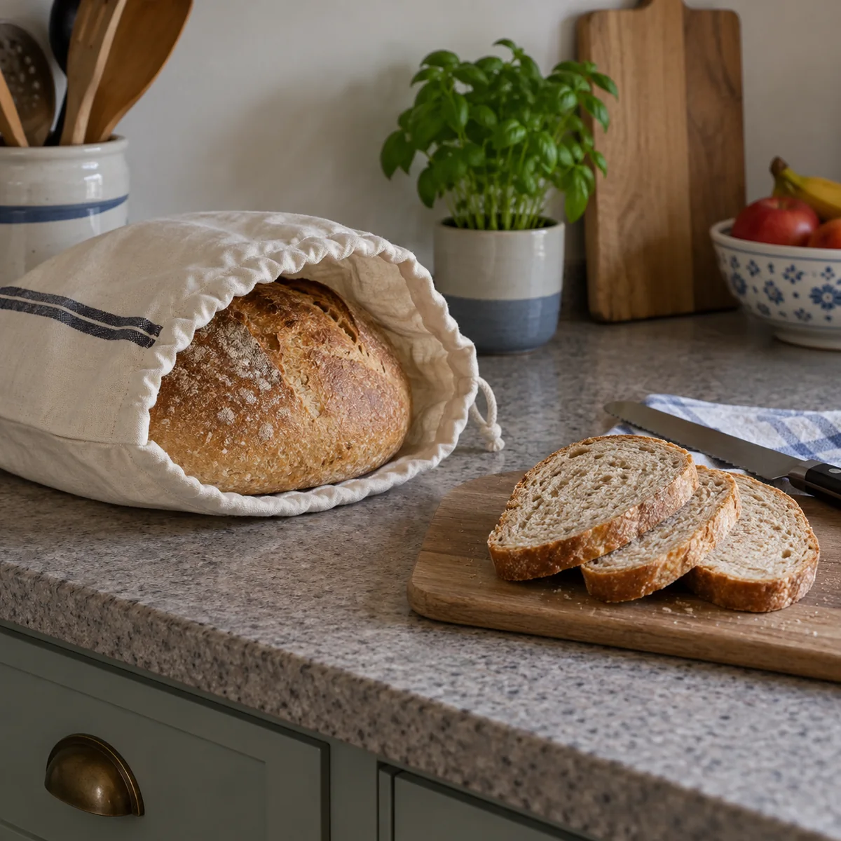 A cooled loaf in a reusable bread bag on a dry kitchen counter