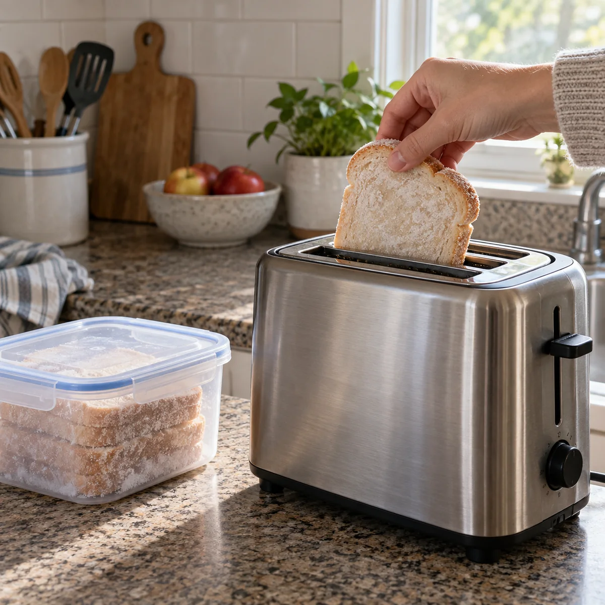 A hand placing one frozen bread slice in a toaster beside a closed container of remaining bread