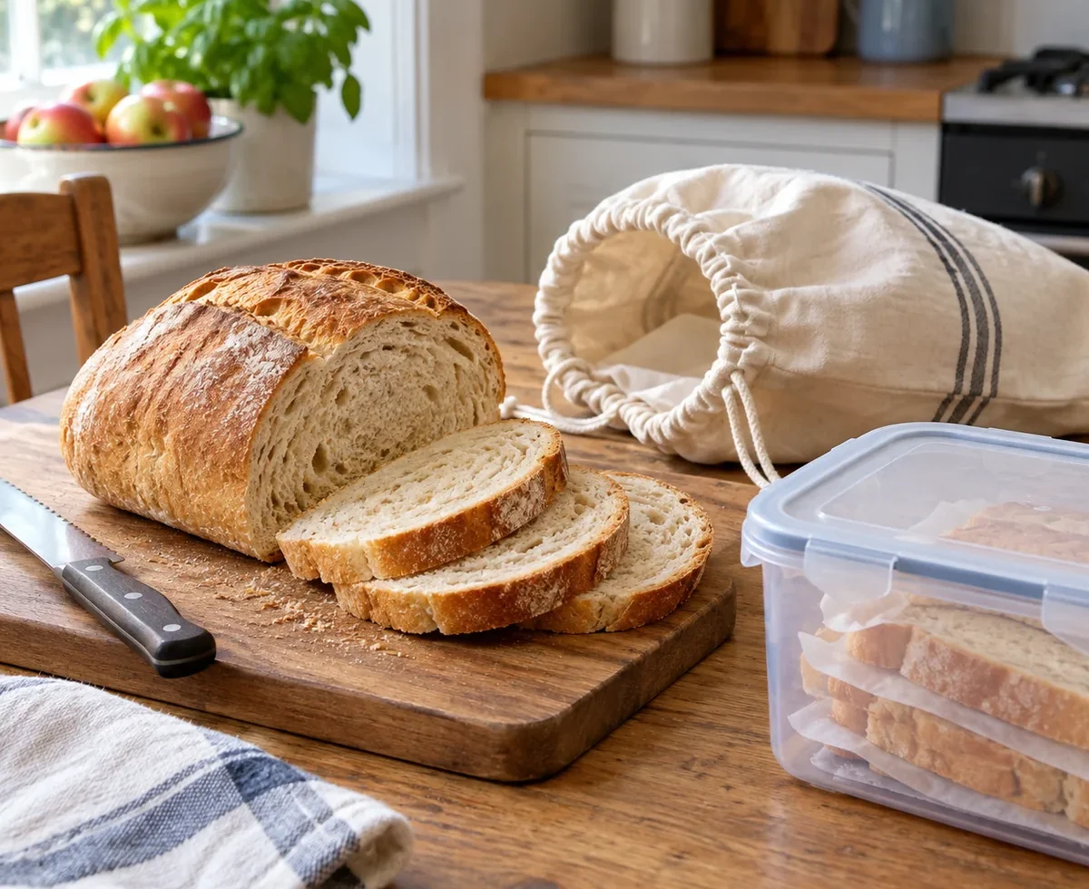 Loaf and slices of bread with reusable storage options on a kitchen table