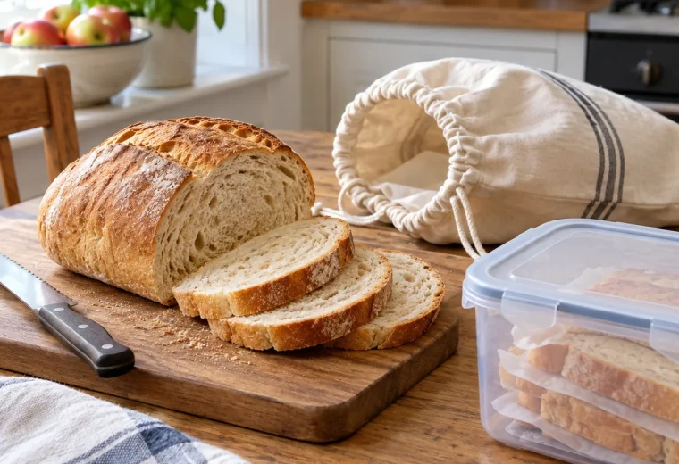 Loaf and slices of bread with reusable storage options on a kitchen table