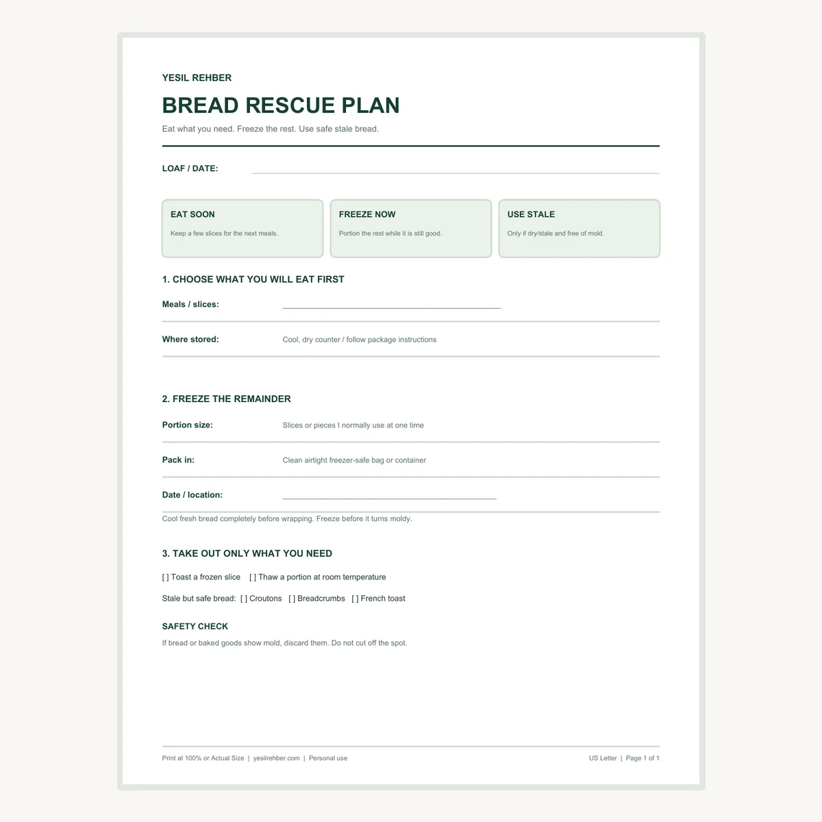 Preview of the actual one-page bread rescue plan printable