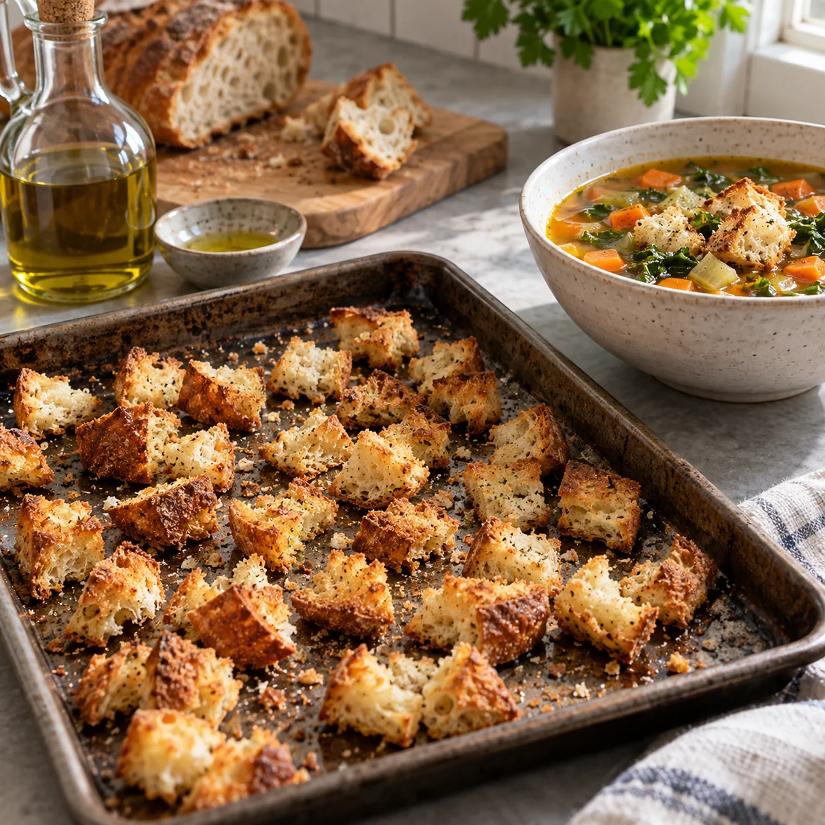 Safe stale bread pieces baked into croutons beside a bowl of soup