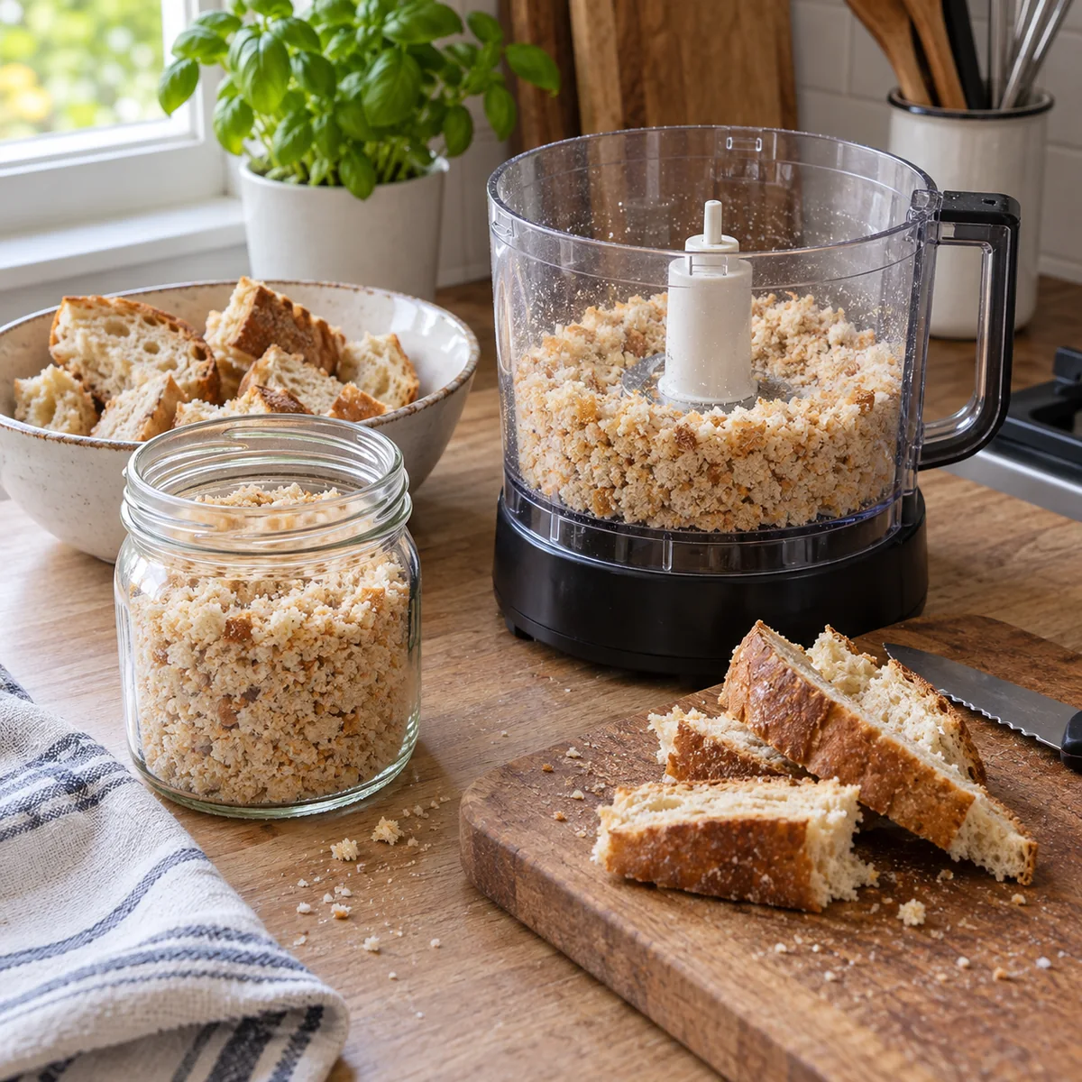 Safe dry bread being processed into coarse breadcrumbs beside a reused jar