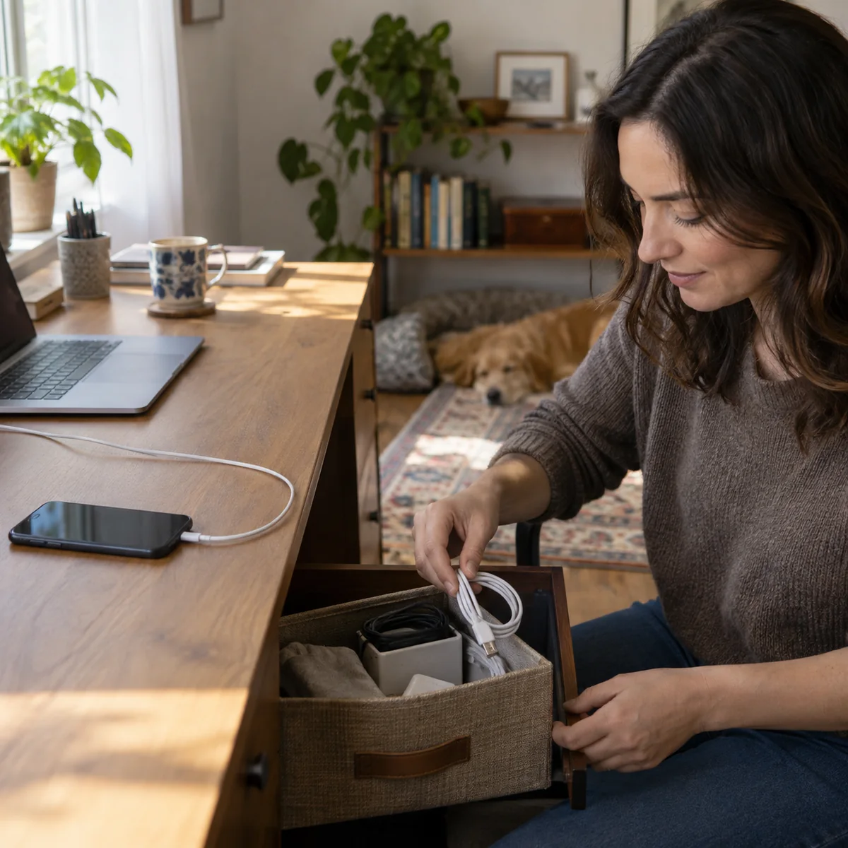 A daily-use charging cable on a clear desk while a spare is stored in a reused box