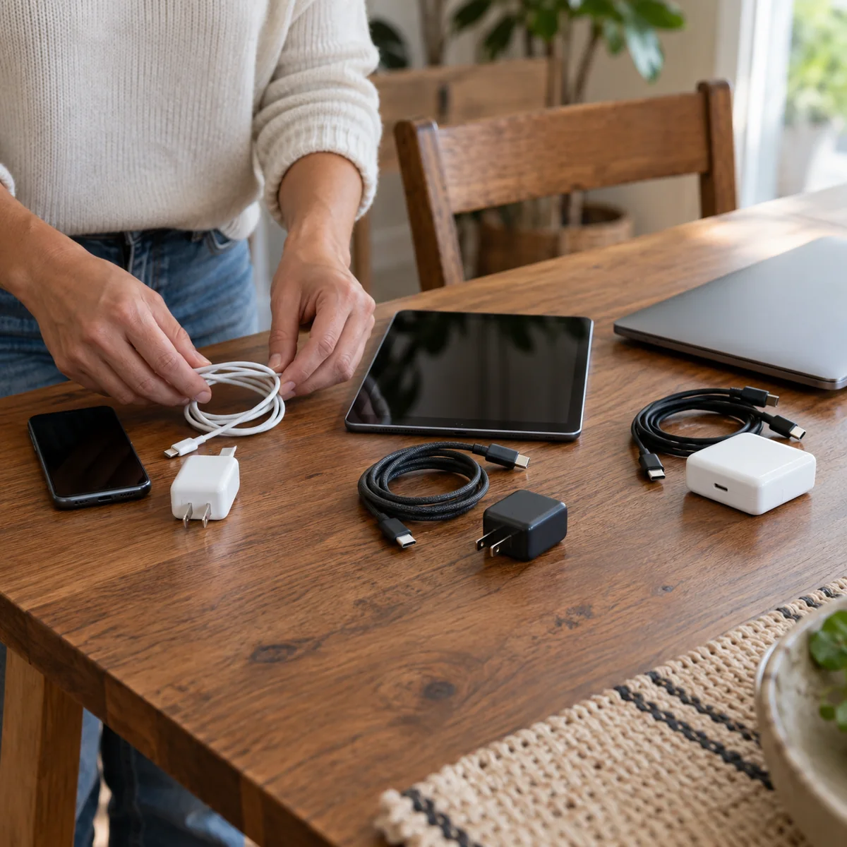 Unplugged cables and adapters being grouped beside the devices they belong to