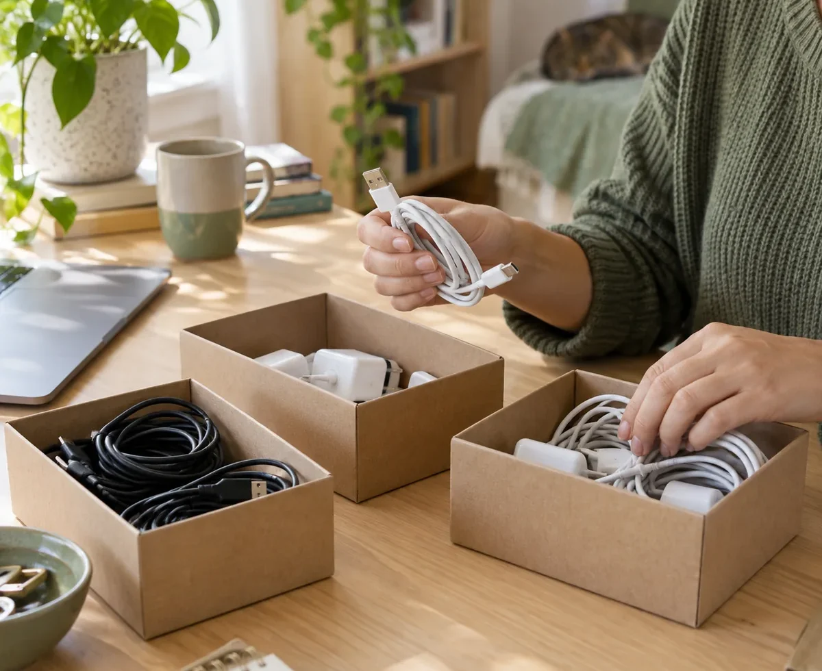 Person sorting unplugged cables into reused boxes