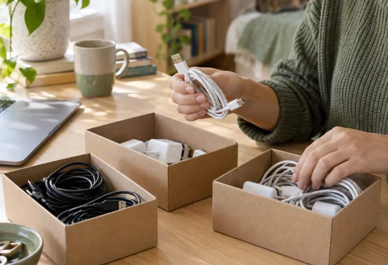 Person sorting unplugged cables into reused boxes