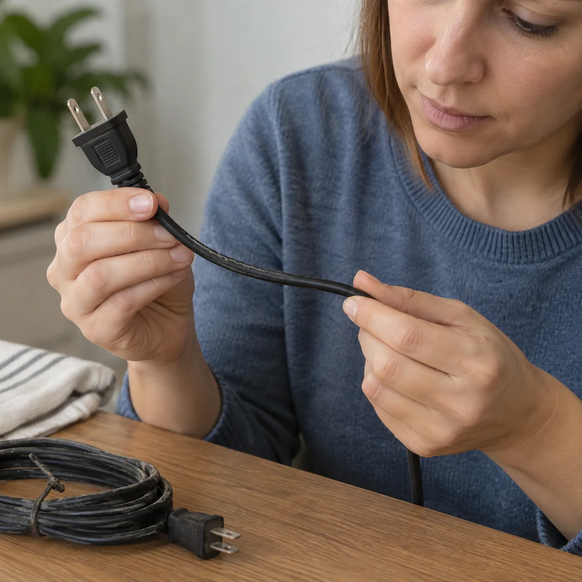Person visually inspecting an unplugged cord and plug for wear