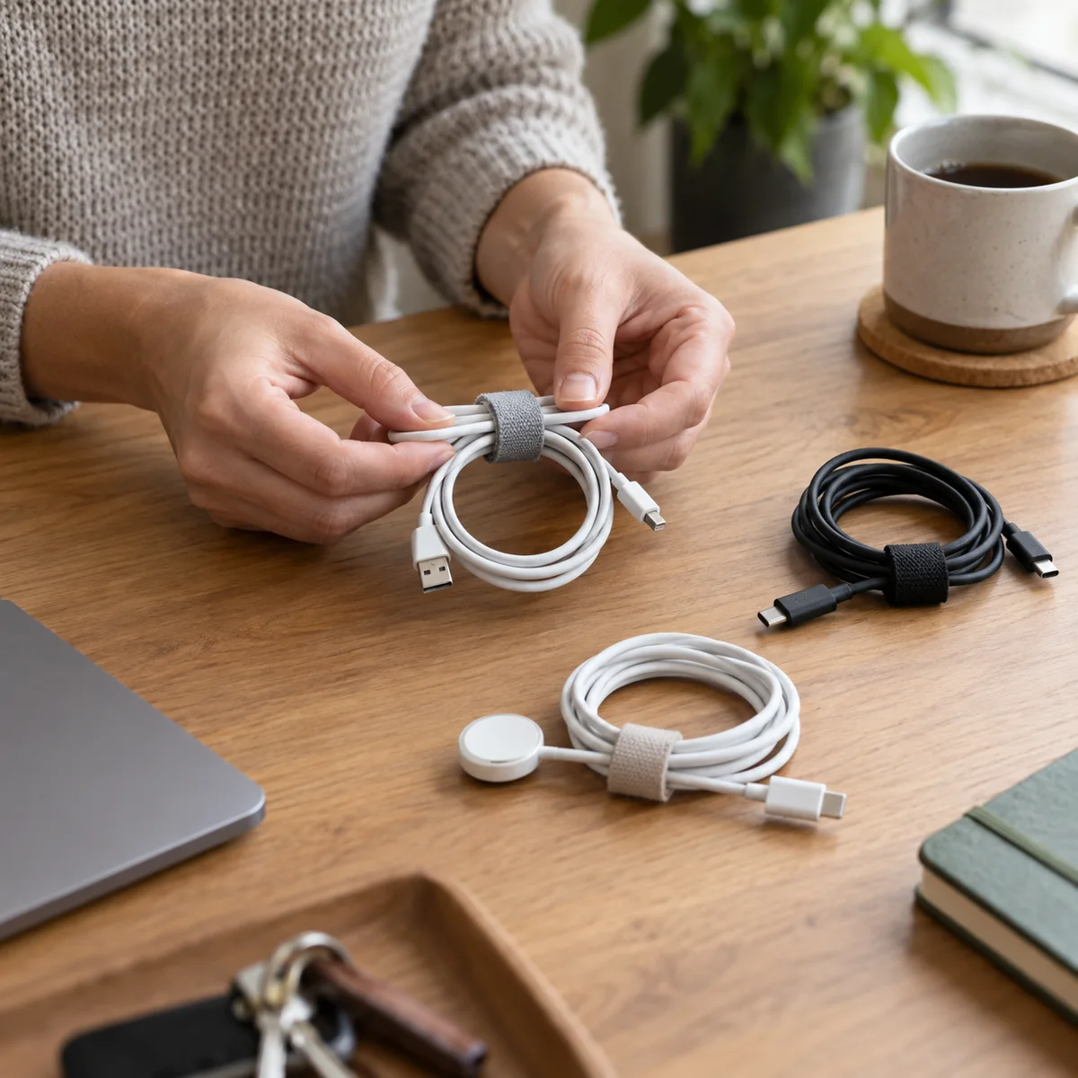 Hands making loose loops in unplugged charging cables with reusable ties