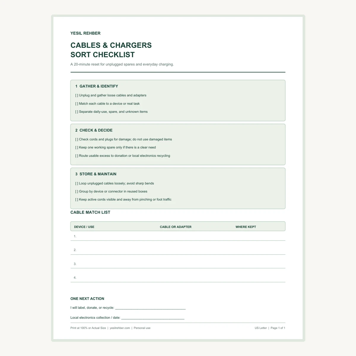 Preview of the actual one-page cables and chargers sort checklist
