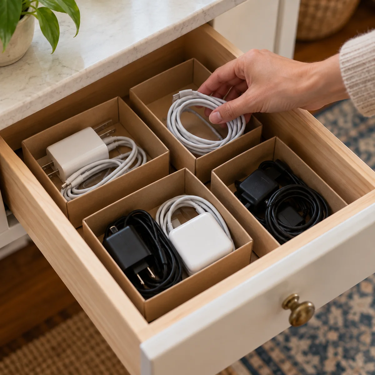 Unplugged cables and chargers grouped in reused cardboard boxes inside a drawer