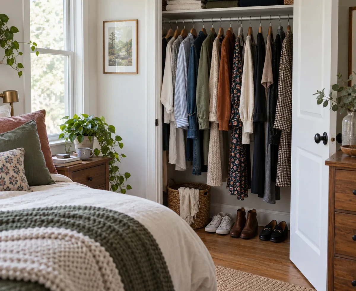 Existing clothes arranged in a small practical reach-in closet