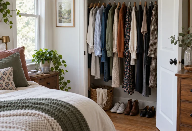 Existing clothes arranged in a small practical reach-in closet