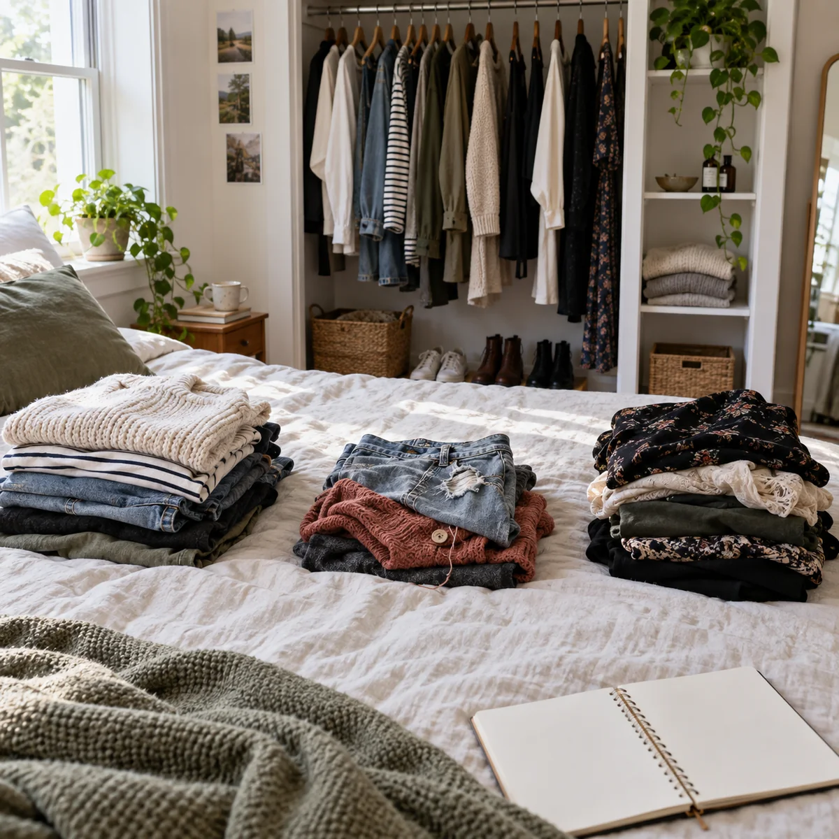 Existing clothes gathered in small groups on a bed beside an open closet