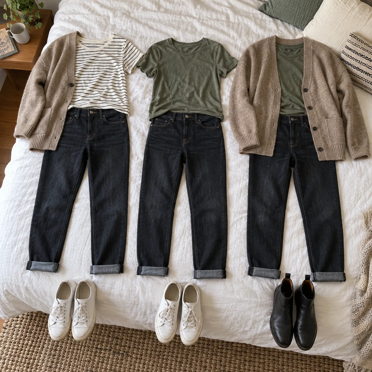 Three everyday outfits laid out using the same small group of existing clothes