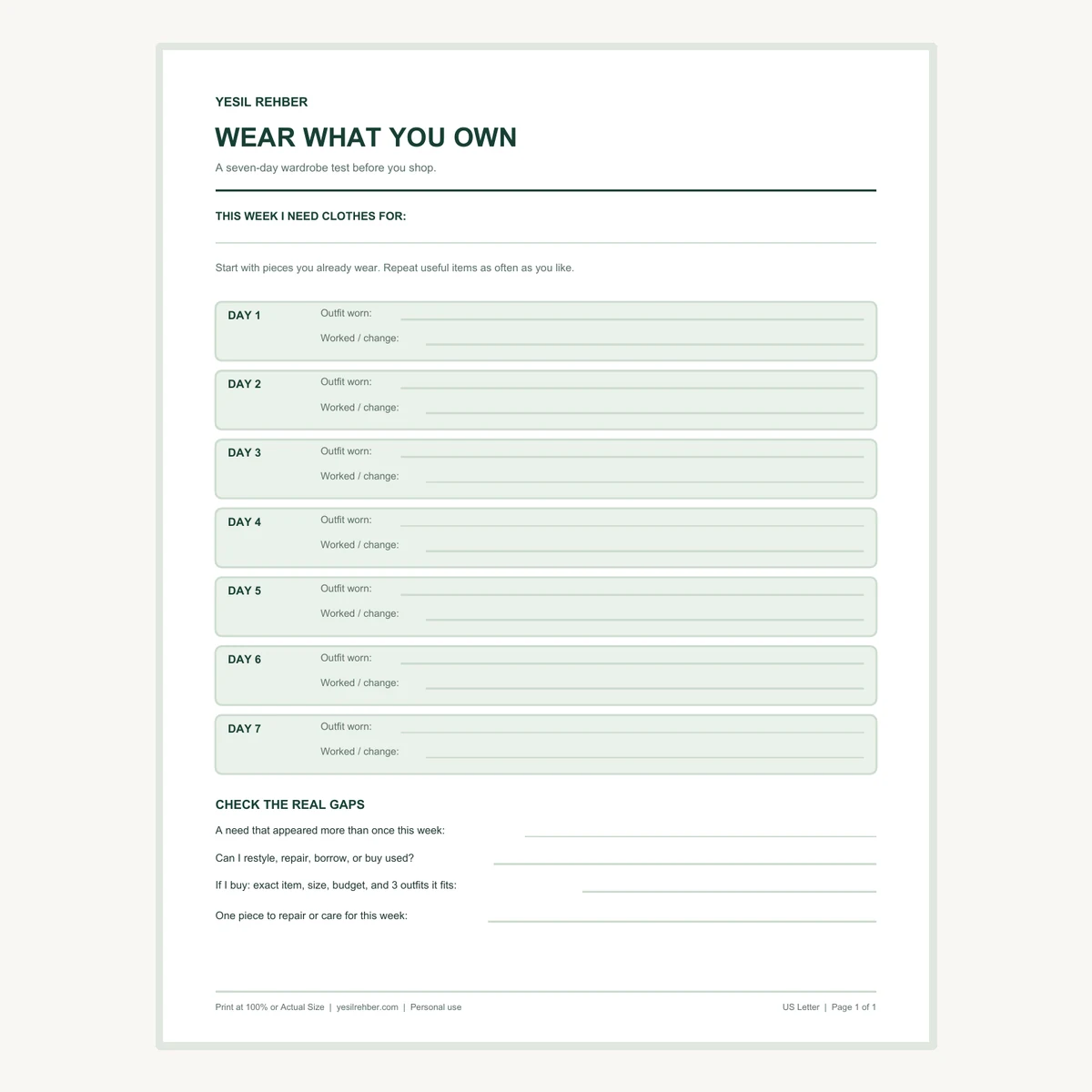 Preview of the actual seven-day wear-what-you-own wardrobe worksheet