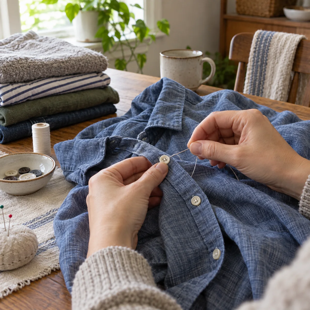 Hands sewing a loose button on an existing blue shirt