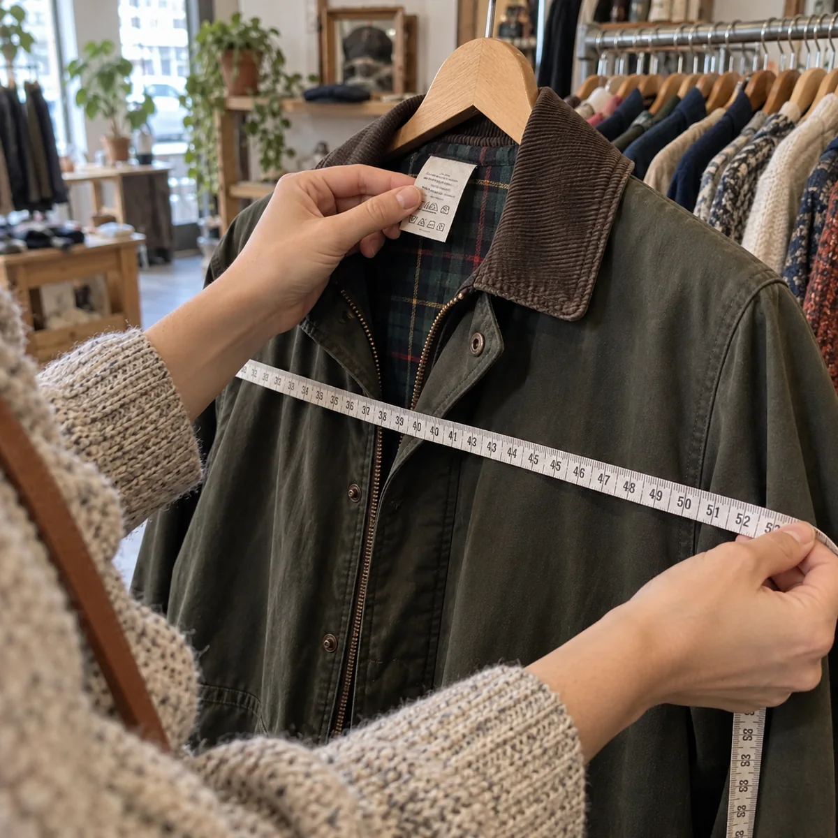 Hands measuring a used jacket and checking its care label before a targeted purchase