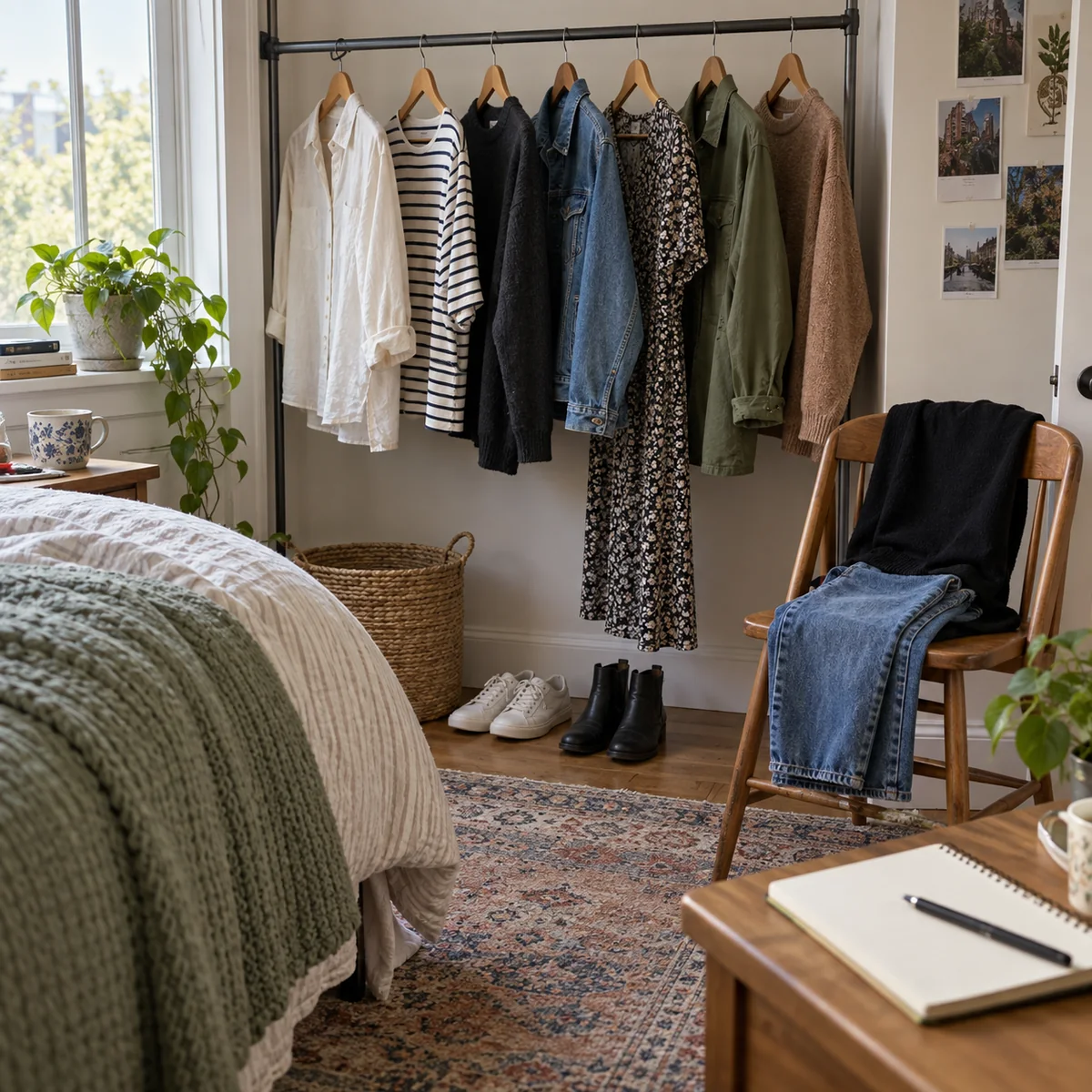 A small group of clothes on a simple rod with an outfit ready on a chair and a blank notebook