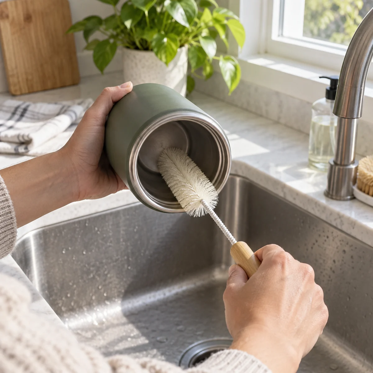 Wide-mouth reusable bottle and bottle brush beside a clean sink