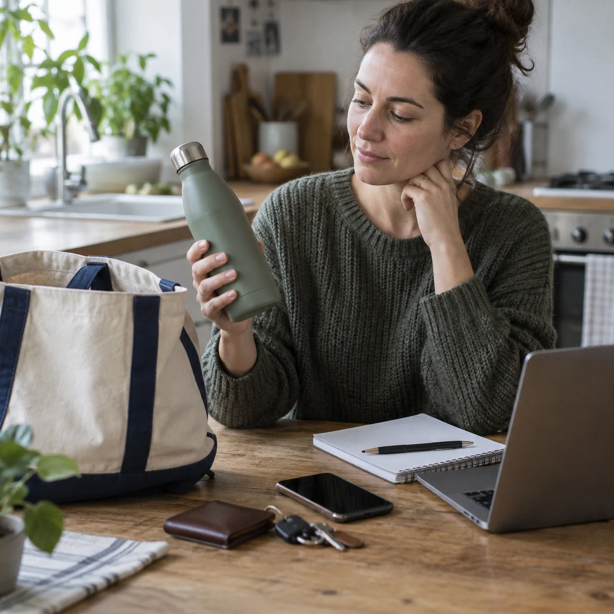 Adult checking the size of a reusable water bottle beside a daily tote bag