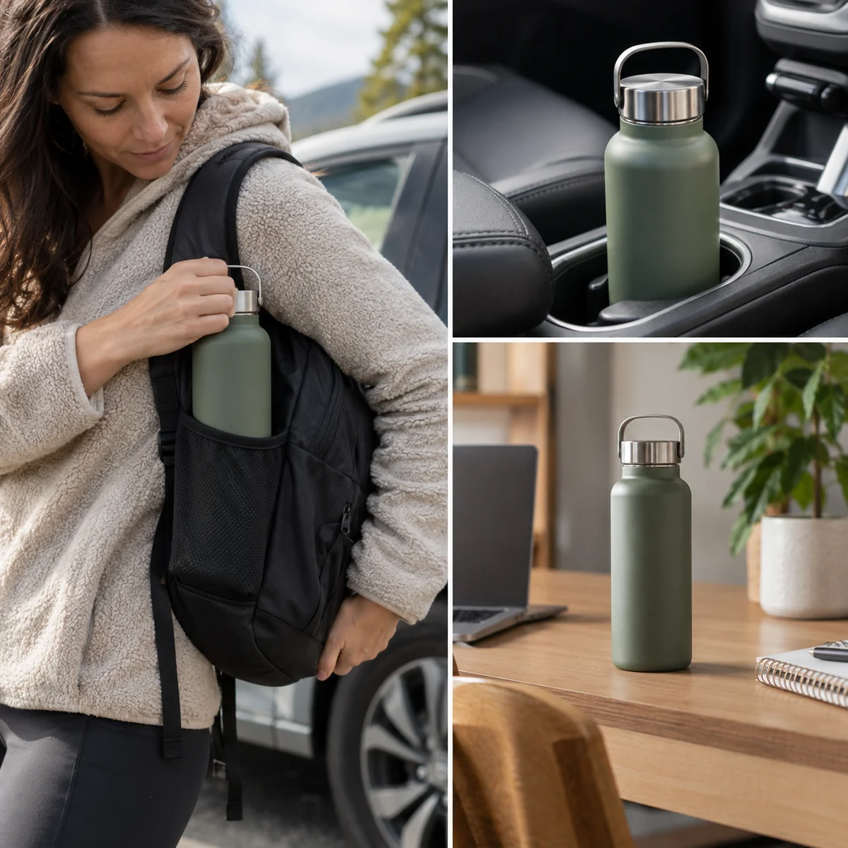Adult checking that a reusable bottle fits securely in a backpack pocket