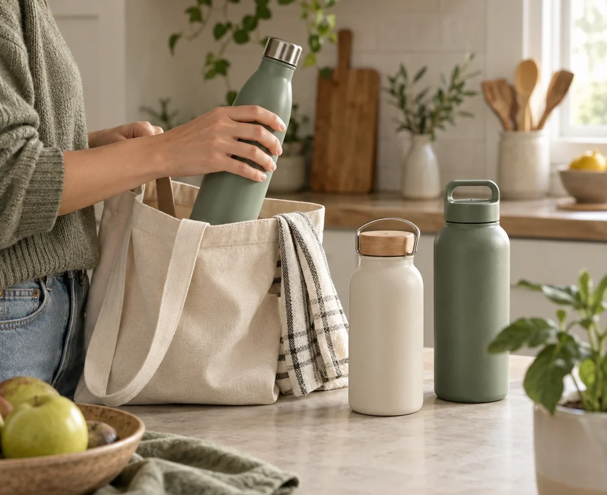Comparing reusable water bottles beside an everyday tote bag