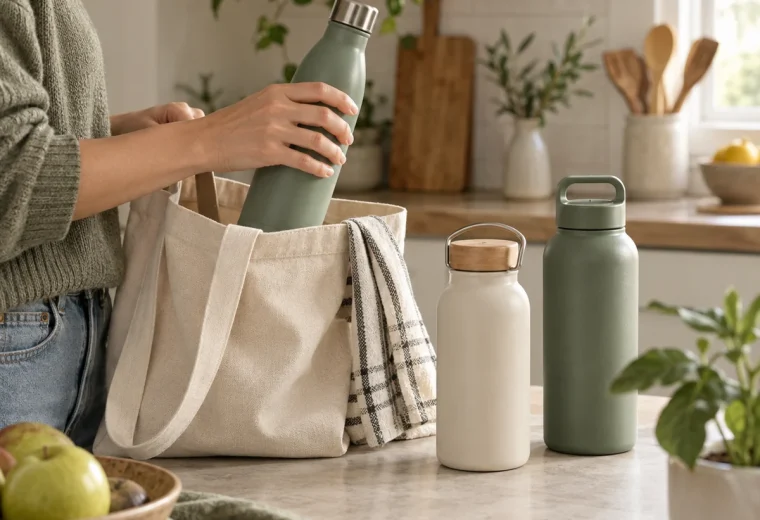 Comparing reusable water bottles beside an everyday tote bag