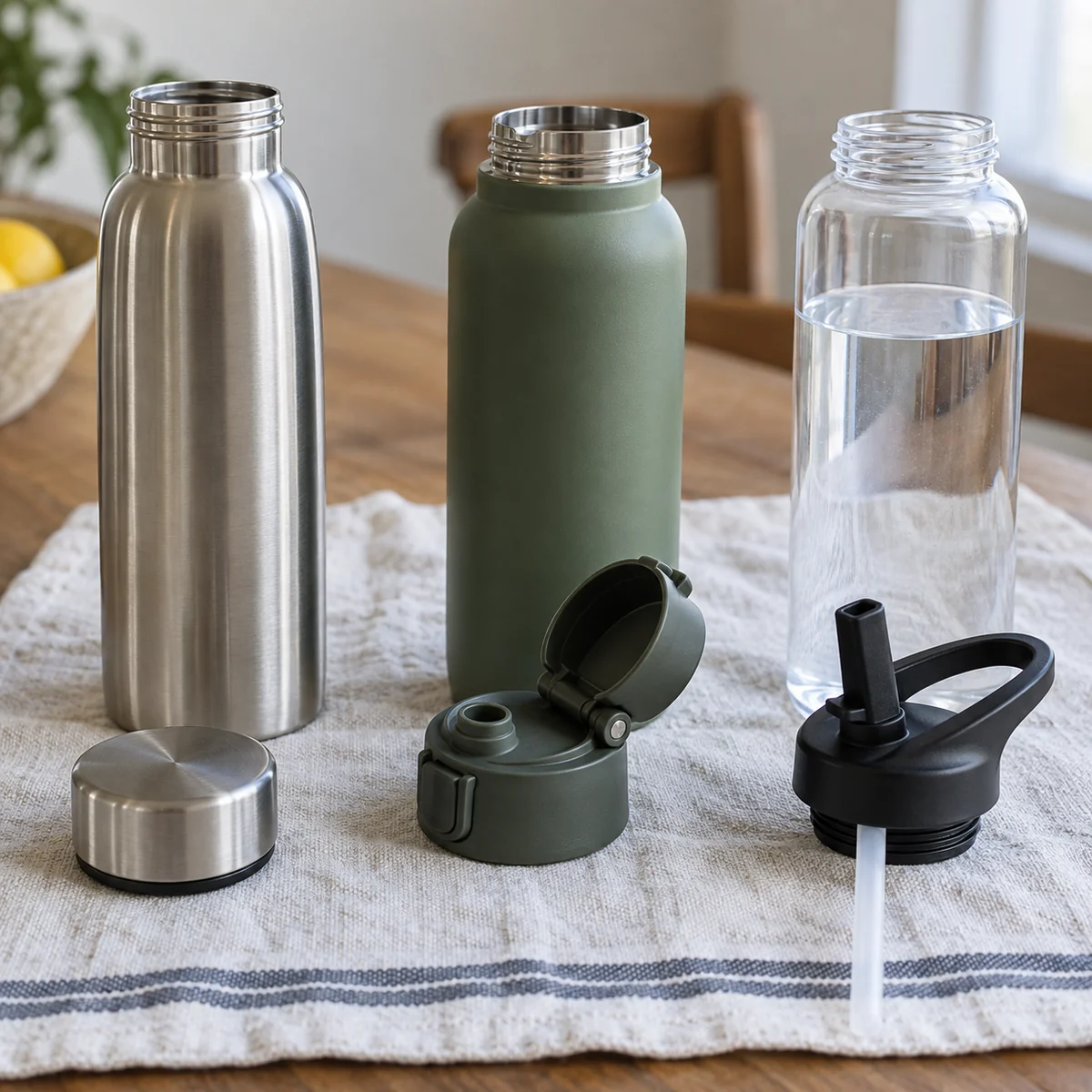 Simple screw, flip, and straw-style reusable bottle lids on a clean cloth