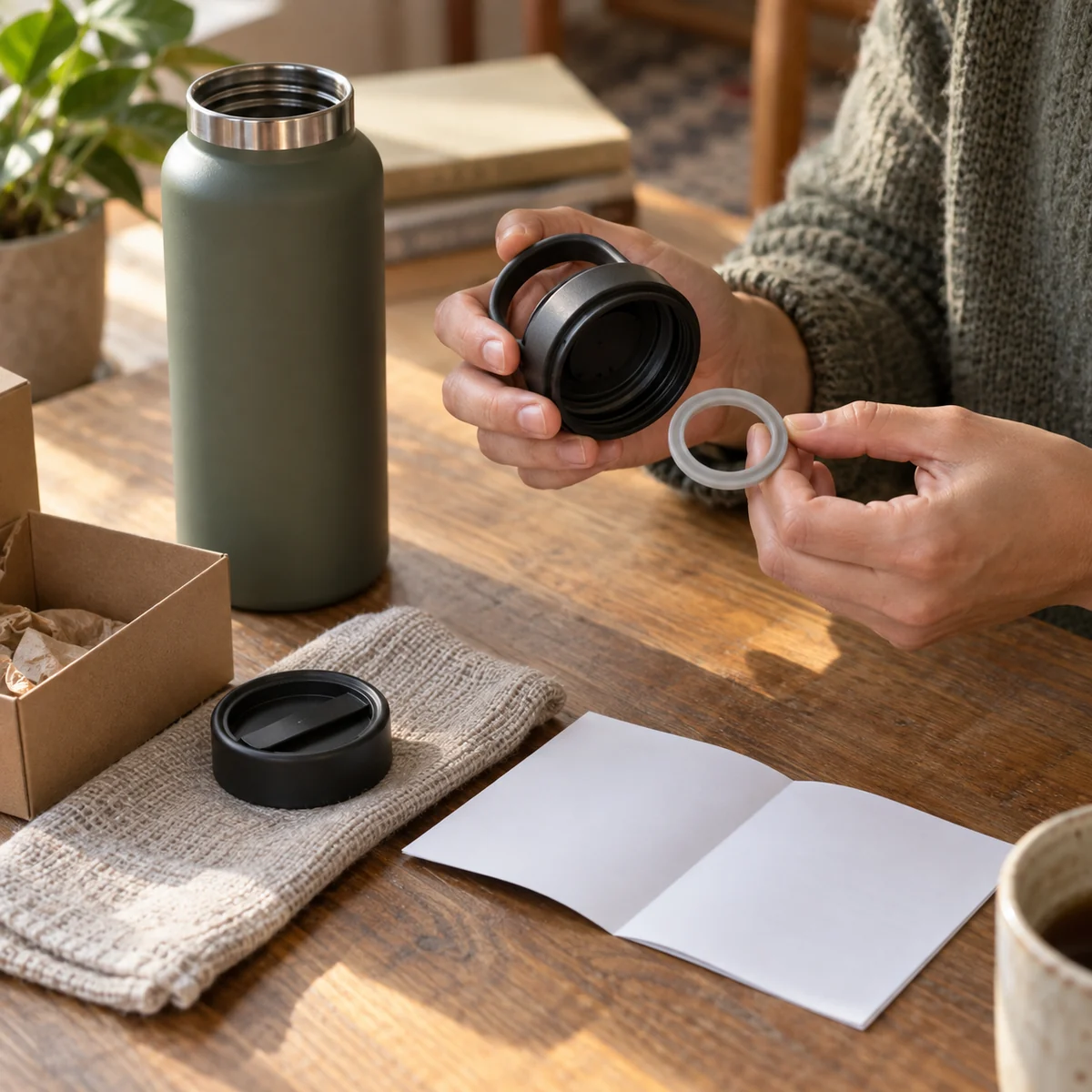 Adult checking a replacement bottle gasket and lid beside a reusable bottle
