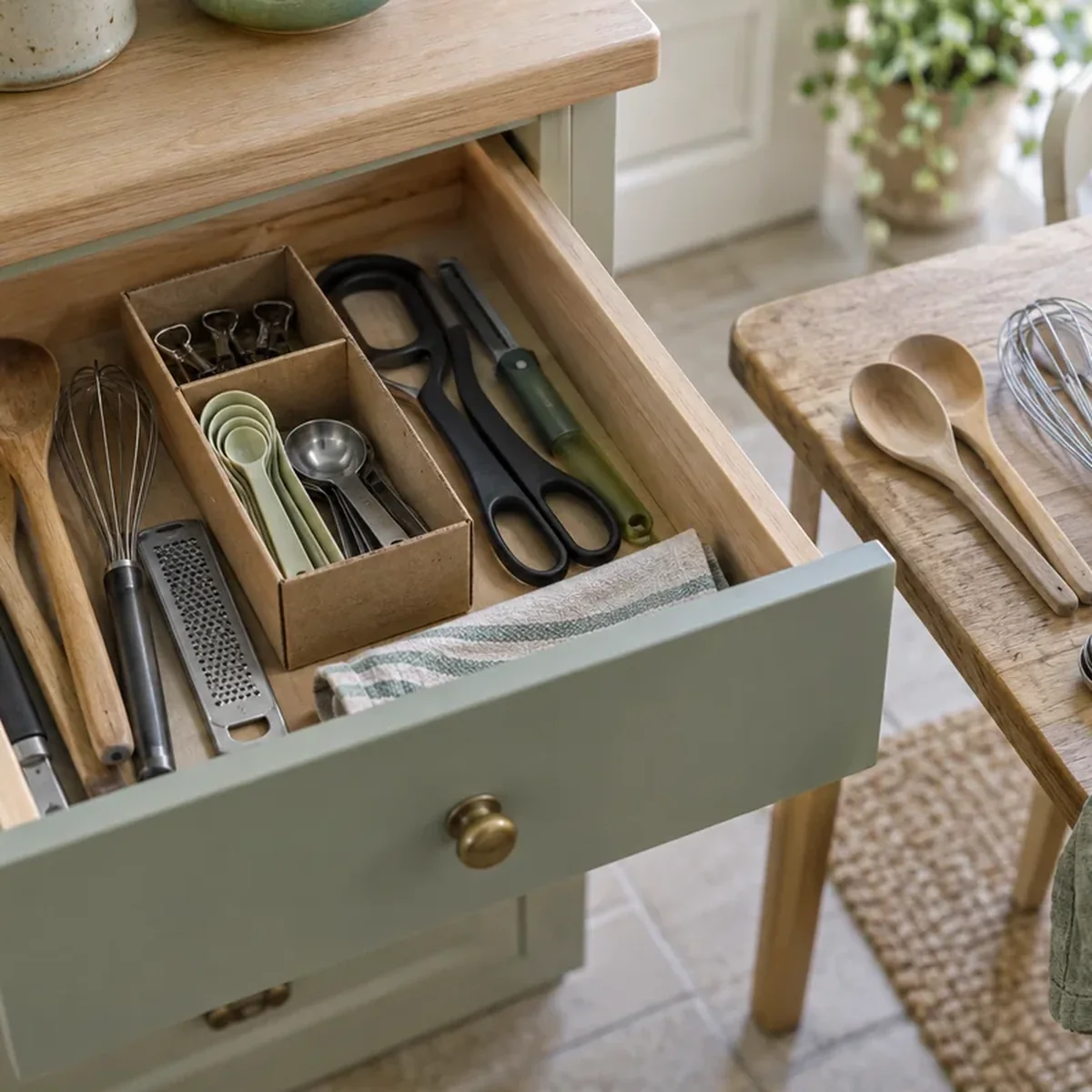 One open kitchen drawer with a reused cardboard divider and a few duplicate utensils on the table