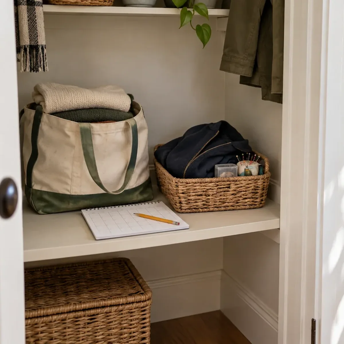Small closet shelf with a tote of clean sweaters and a separate repair basket beside a blank calendar