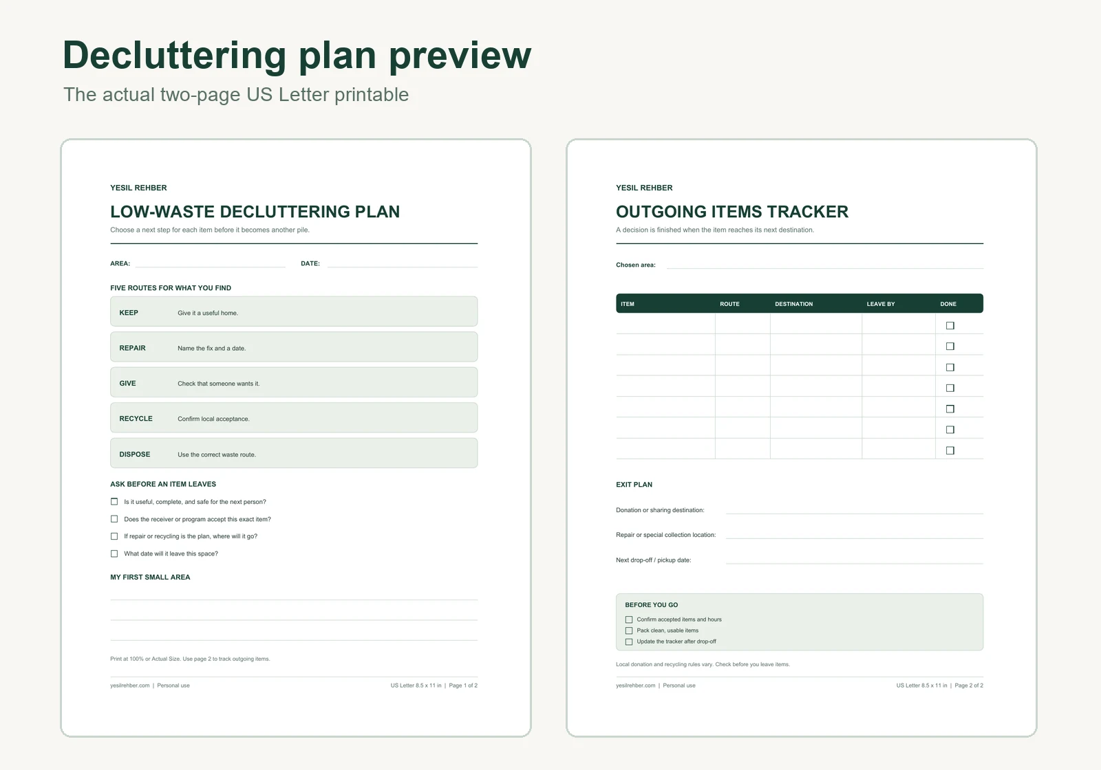 Preview of the two-page low-waste decluttering plan and outgoing items tracker