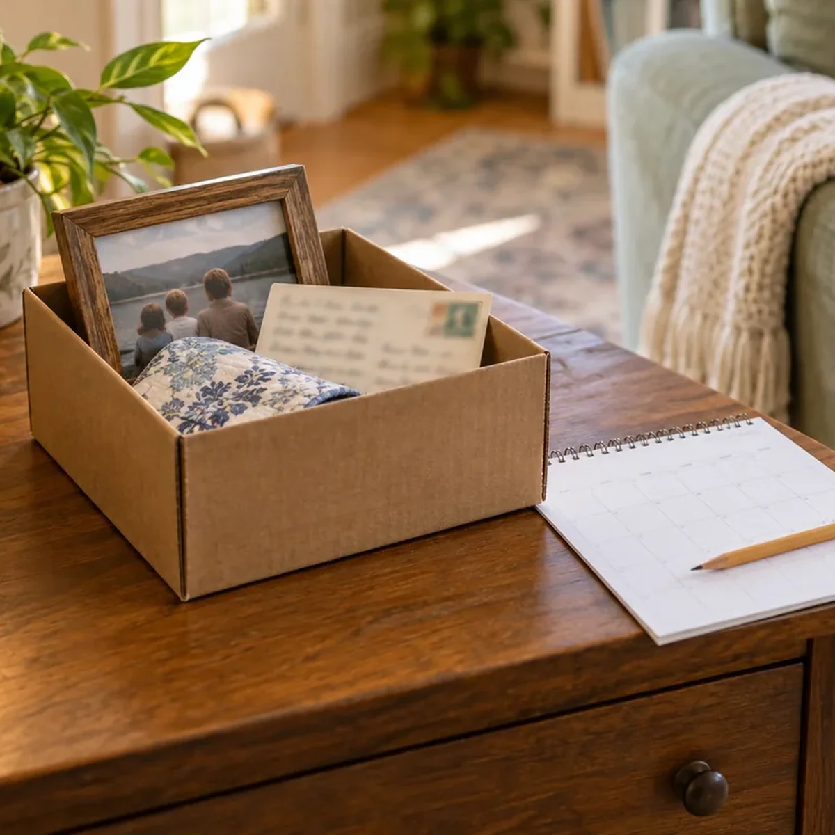 Small cardboard box with a framed photo and keepsakes beside a blank calendar