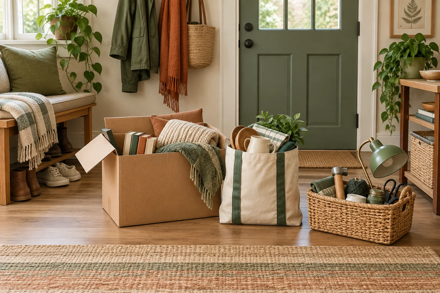 Illustrated home entryway with boxes and baskets of items sorted for reuse and repair