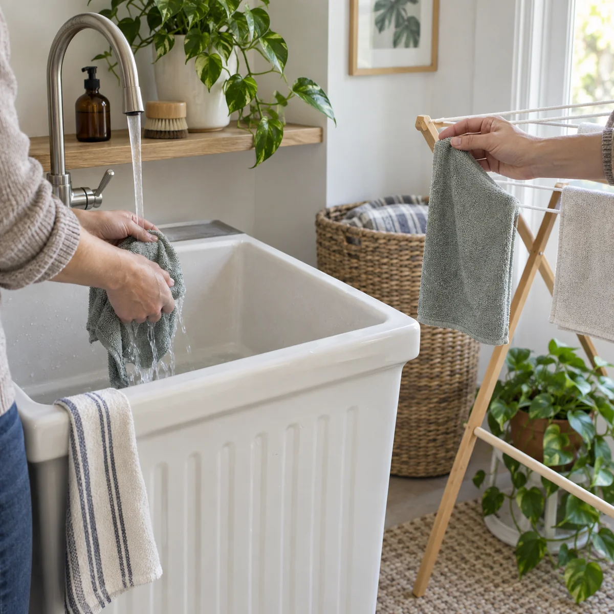 Hands rinsing a reusable dusting cloth and setting another cloth to dry