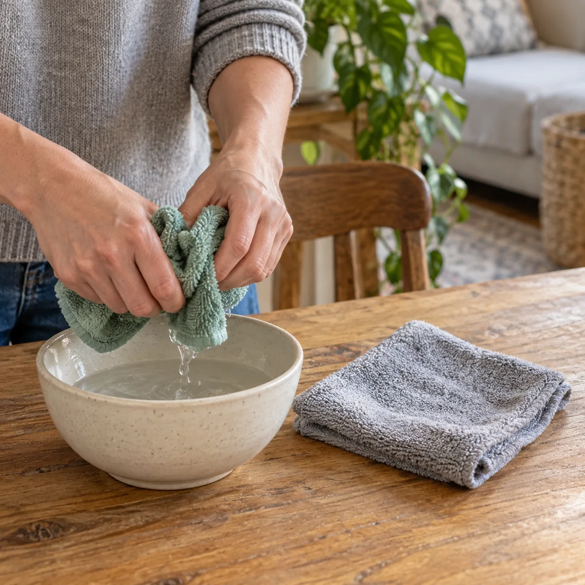 Hands preparing a lightly damp washable cloth and a separate dry cloth for dusting