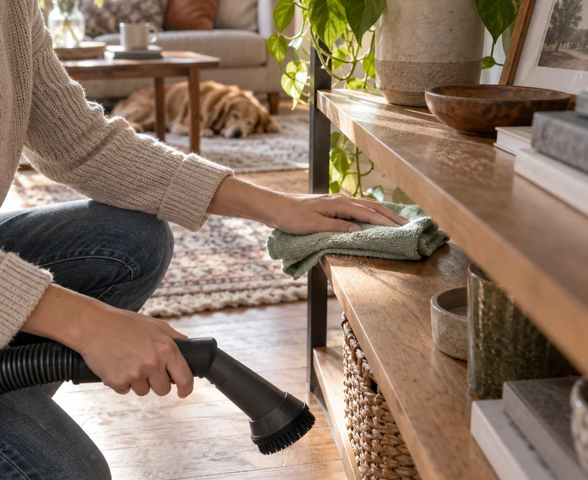 Person dusting a living room shelf with a reusable cloth