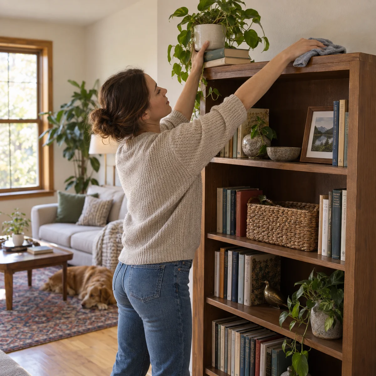 Person wiping a reachable bookshelf from the upper shelf downward with a reusable cloth