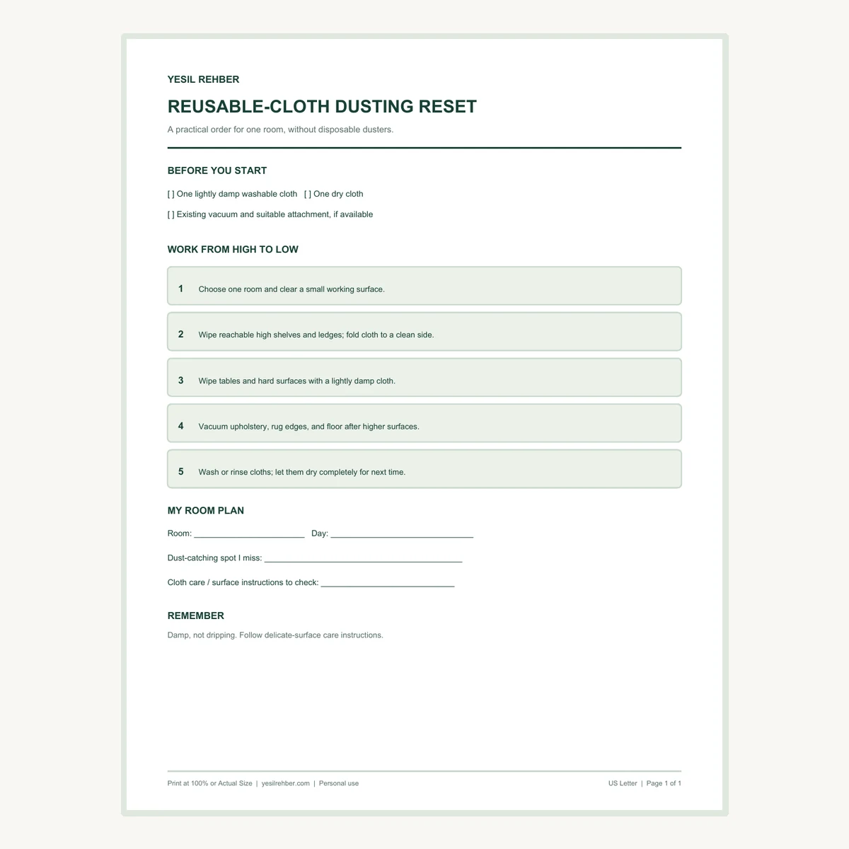 Preview of the actual one-page reusable-cloth dusting reset printable