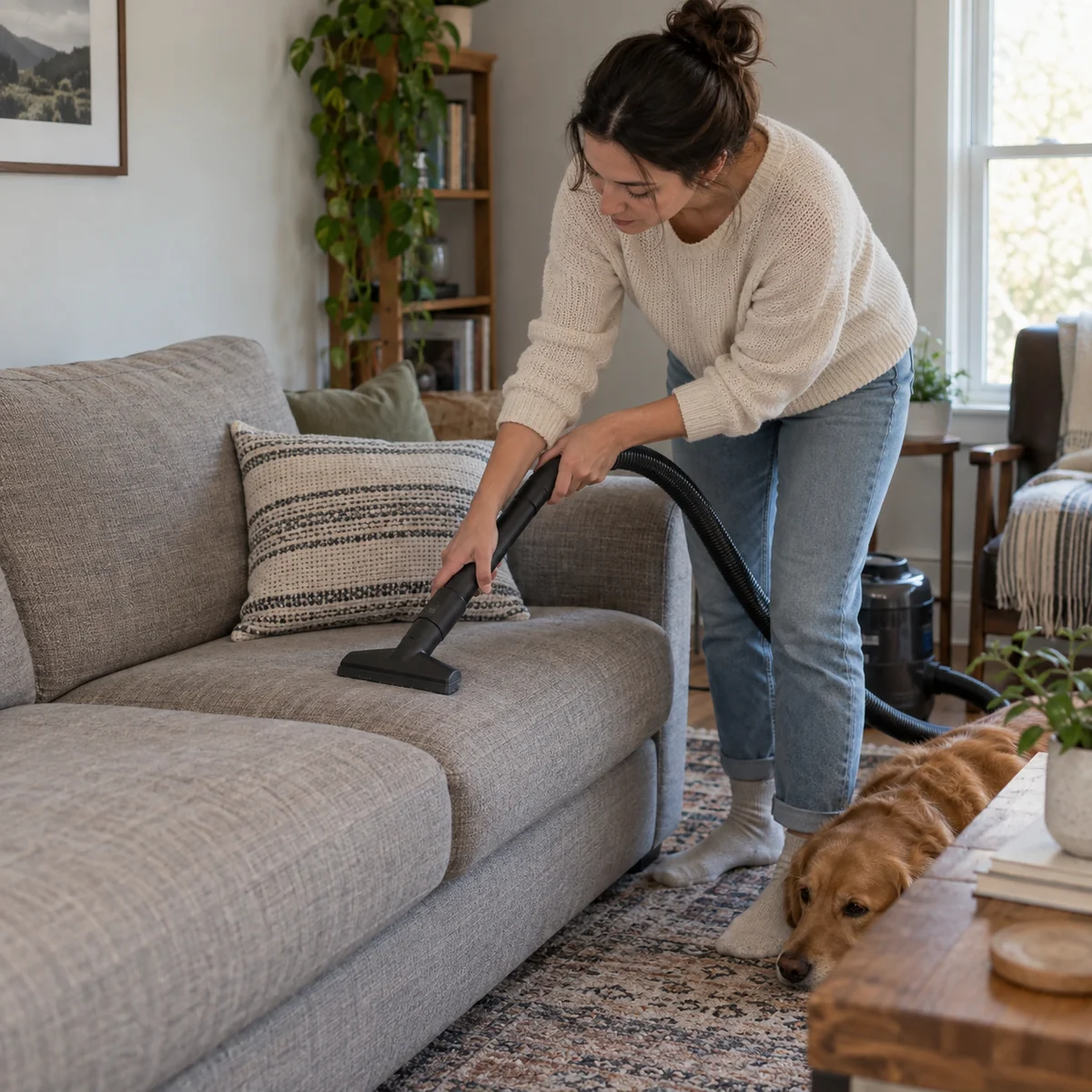 Person using a household vacuum upholstery attachment on a sofa after dusting higher surfaces