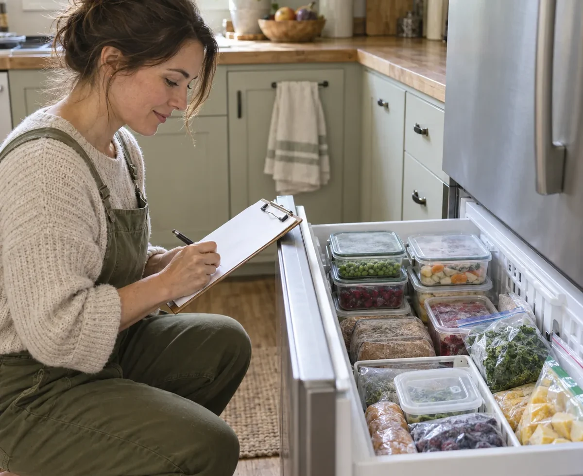Person reviewing an organized freezer inventory