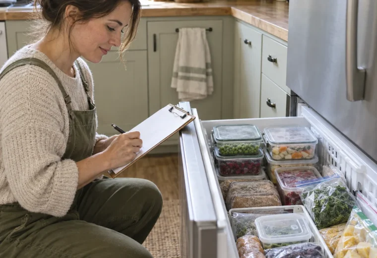 Person reviewing an organized freezer inventory